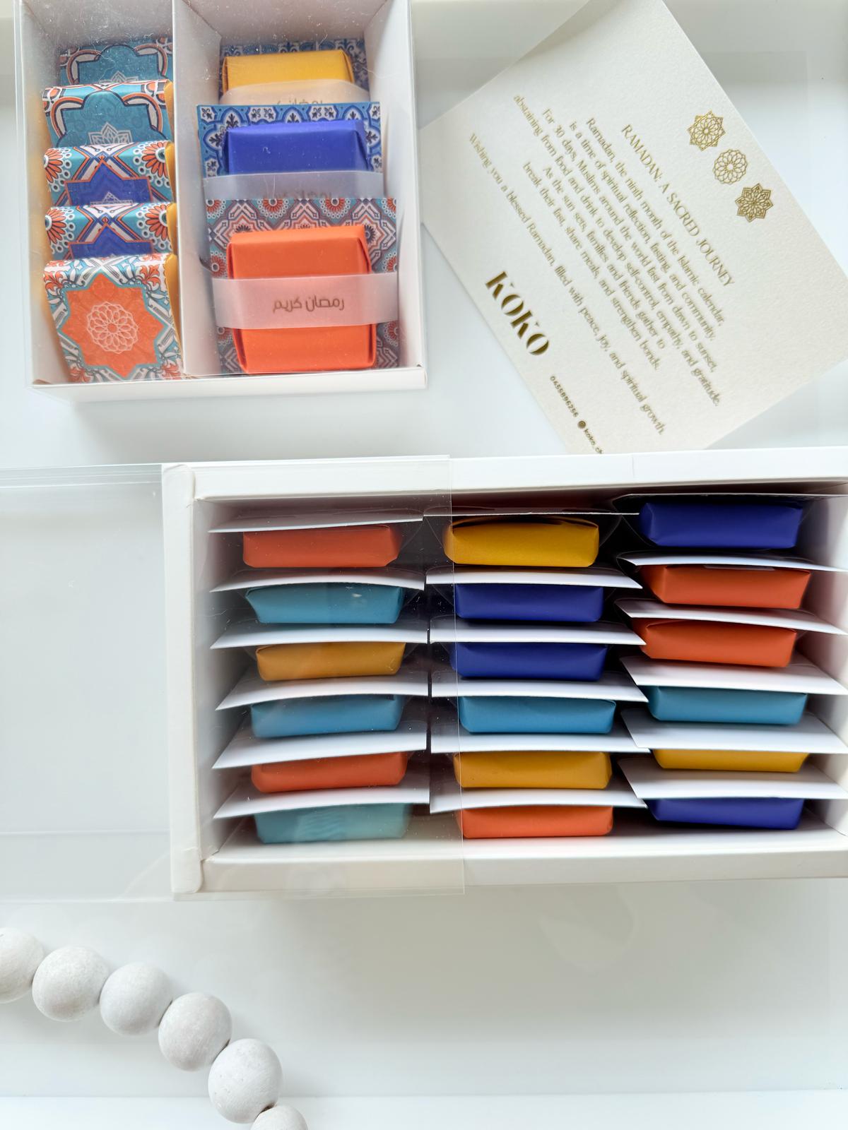 Ramadan Chocolate by Piece (with Golden RAMADAN KAREEM strap and hard background)