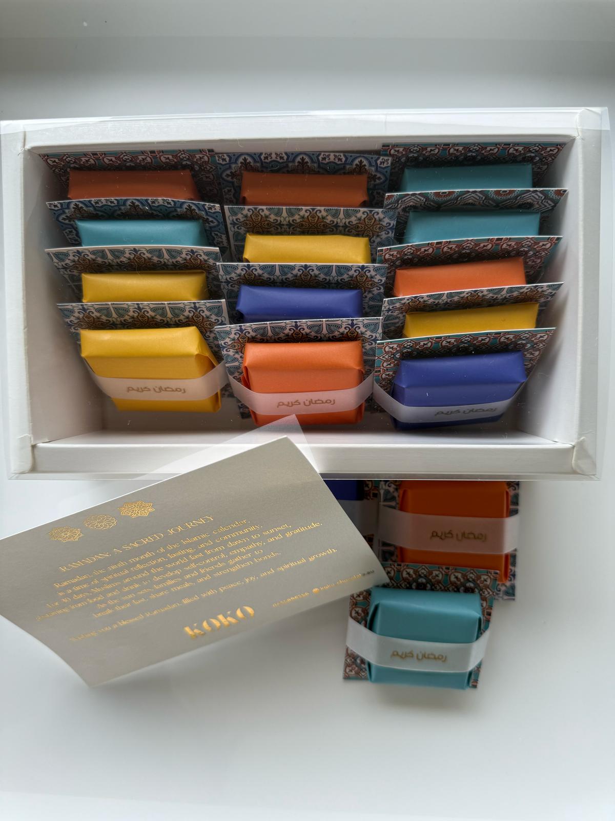 Ramadan Chocolate by Piece (with Golden RAMADAN KAREEM strap and hard background)